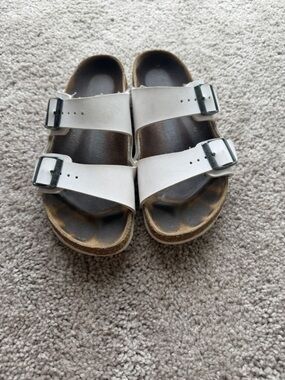 Birkenstock White Double-Strap Buckle Sandals with Cork Footbed